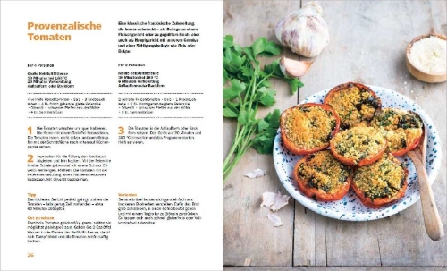 Buchcover und Innenansicht für das Buch: Heißluftfritteuse - knusprig & fettarm frittieren, braten, rösten, backen - neue Rezepte für den Airfryer für Fleisch, Fisch, Gemüse, Obst und Kuchen