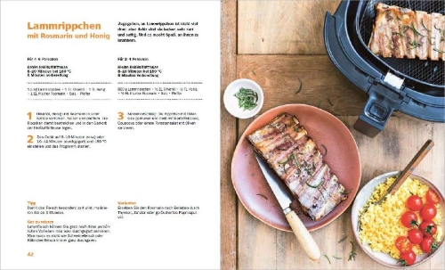 Buchcover und Innenansicht für das Buch: Heißluftfritteuse - knusprig & fettarm frittieren, braten, rösten, backen - neue Rezepte für den Airfryer für Fleisch, Fisch, Gemüse, Obst und Kuchen