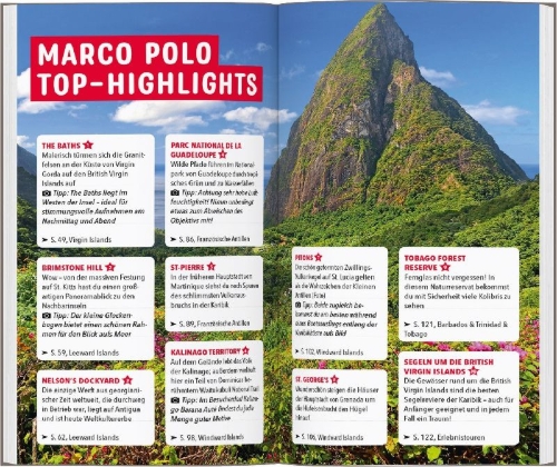 Buchcover und Innenansicht für das Buch: MARCO POLO Reiseführer Karibik, Kleine Antillen - Barbados, Trinidad & Tobago, Windward Island, Französische & Niederländische Antillen, Leeward & Virgin Islands