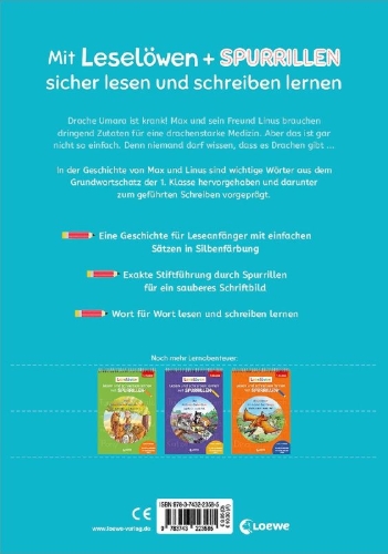 Buchcover und Innenansicht für das Buch: Leselöwen - Lesen und schreiben lernen mit Spurrillen - Notfall im Drachenpark