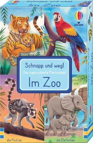 Buchcover und Innenansicht für das Buch: Schnapp und weg! Das superschnelle Kartenspiel: Im Zoo