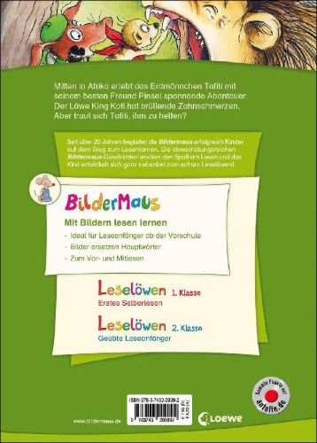 Buchcover und Innenansicht für das Buch: Bildermaus - Tafiti und der Löwe mit dem Wackelzahn