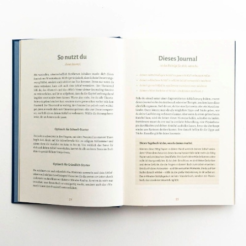Buchcover und Innenansicht für das Buch: Das 6-Minuten-Schlaftagebuch