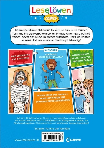 Buchcover und Innenansicht für das Buch: Leselöwen Comics 2. Klasse - Oh Schreck, die Mumie ist weg!
