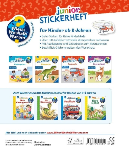 Buchcover und Innenansicht für das Buch: Wieso? Weshalb? Warum? junior Stickerheft - Feuerwehr