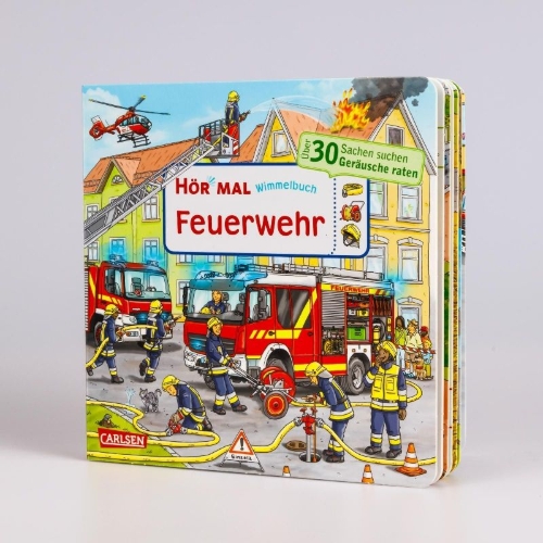 Buchcover und Innenansicht für das Buch: Hör mal (Soundbuch): Wimmelbuch: Feuerwehr