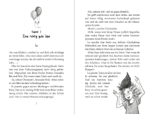 Buchcover und Innenansicht für das Buch: Die Geburtstagsbande. Auf die Plätze, fertig, feiern!