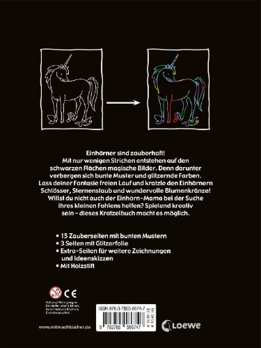 Buchcover und Innenansicht für das Buch: Kreativ-Kratzelbuch: Einhörner