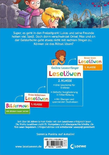Buchcover und Innenansicht für das Buch: Leselöwen 2. Klasse - Alarm! Diebe im Freizeitpark!