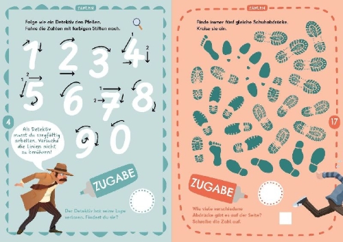 Buchcover und Innenansicht für das Buch: Rechenrätsel für mutige Kinder - Den Zahlen auf der Spur  - ab 6 Jahren