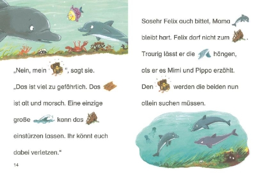 Buchcover und Innenansicht für das Buch: Bildermaus - Der kleine Delfin auf Schatzsuche