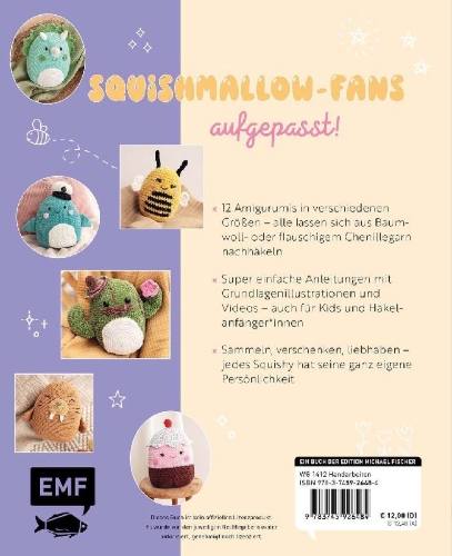 Buchcover und Innenansicht für das Buch: Happy Squishys häkeln - Niedliche Plüschtiere für Squishmallow-Fans