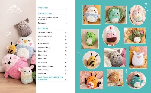 Buchcover und Innenansicht für das Buch: Happy Squishys häkeln - Niedliche Plüschtiere für Squishmallow-Fans