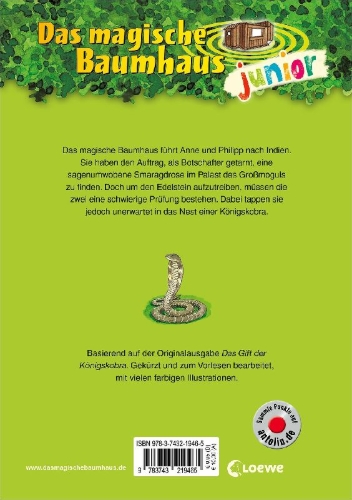 Buchcover und Innenansicht für das Buch: Das magische Baumhaus junior (Band 39) - Der Angriff der Königskobra