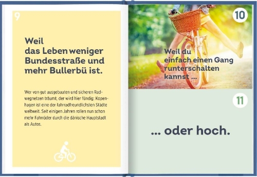 Buchcover und Innenansicht für das Buch: 100 Gründe, warum Fahrradfahrer glücklicher sind