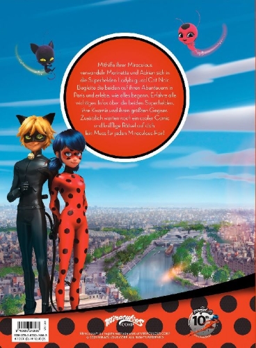 Buchcover und Innenansicht für das Buch: Miraculous: Das große Jubiläumsbuch - Geschichten, Rätsel, Spiele und mehr!
