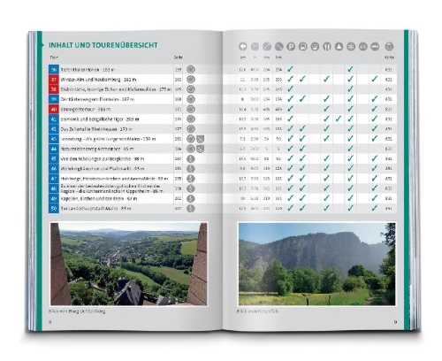 Buchcover und Innenansicht für das Buch: KOMPASS Wanderführer Nordpfälzer Bergland, Rheinhessen, 50 Touren