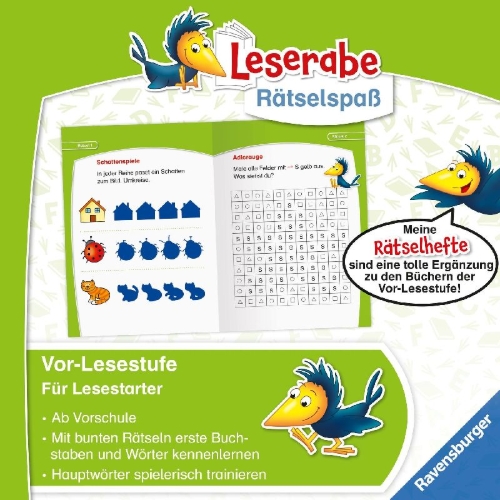 Buchcover und Innenansicht für das Buch: Ravensburger Leserabe Rätselspaß - Erstlese-Rätsel für Lesestarter ab 5 Jahren - Vor-Lesestufe