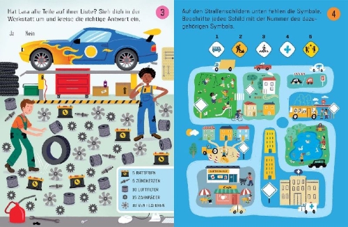 Buchcover und Innenansicht für das Buch: Usborne Minis: Rätsel für die Autofahrt