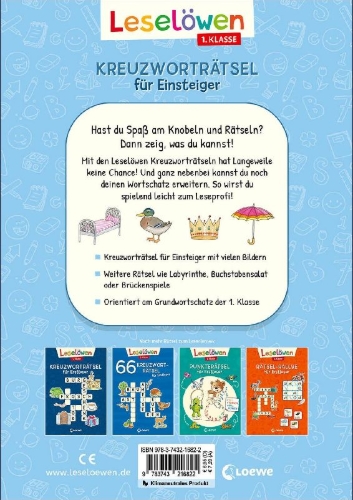 Buchcover und Innenansicht für das Buch: Leselöwen Kreuzworträtsel für Einsteiger - 1. Klasse (Himmelblau)