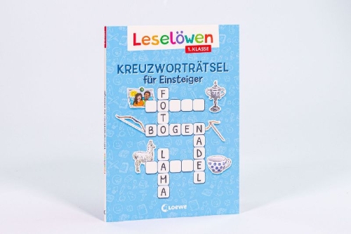 Buchcover und Innenansicht für das Buch: Leselöwen Kreuzworträtsel für Einsteiger - 1. Klasse (Himmelblau)