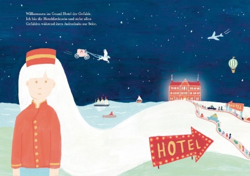 Buchcover und Innenansicht für das Buch: Das Grand Hotel der Gefühle. Wenn Liebe, Wut und Dankbarkeit bei uns einziehen: Gefühle beschreiben und benennen.