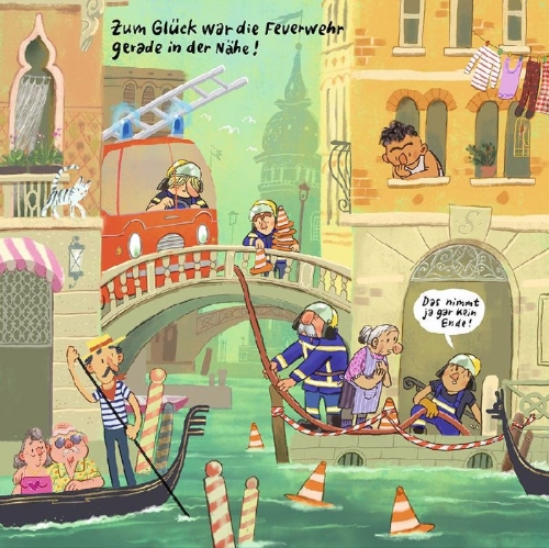 Buchcover und Innenansicht für das Buch: Die Feuerwehr macht Urlaub