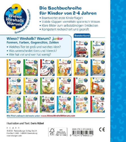 Buchcover und Innenansicht für das Buch: Wieso? Weshalb? Warum? Sonderband junior: Kennst du Formen, Farben, Gegensätze, Zahlen?