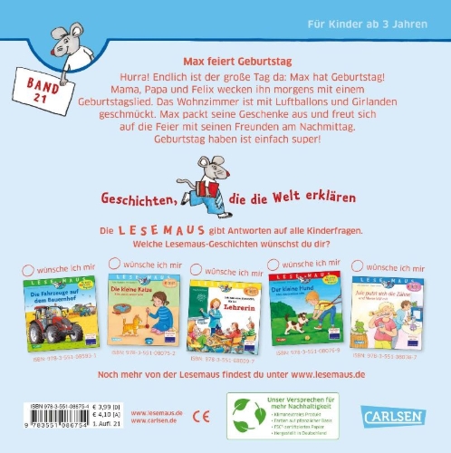 Buchcover und Innenansicht für das Buch: LESEMAUS 21: Max feiert Geburtstag