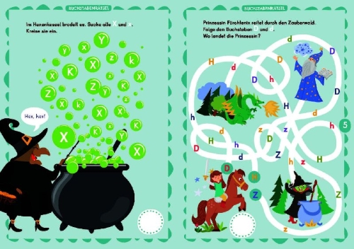 Buchcover und Innenansicht für das Buch: Leserätsel für mutige Kinder - Magischer Zauberwald - ab 7 Jahren