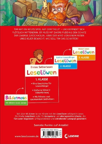 Buchcover und Innenansicht für das Buch: Leselöwen 1. Klasse - Das geheime Gold der Zwerge (Großbuchstabenausgabe)