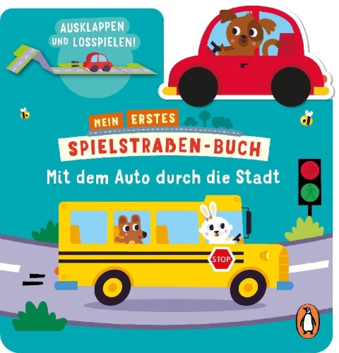 Buchcover und Innenansicht für das Buch: Mein erstes Spielstraßen-Buch - Mit dem Auto durch die Stadt