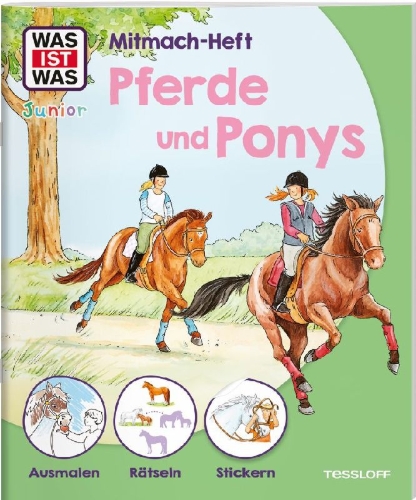 Buchcover und Innenansicht für das Buch: WAS IST WAS Junior Mitmach-Heft Pferde & Ponys