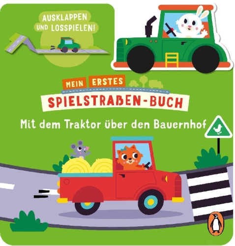 Buchcover und Innenansicht für das Buch: Mein erstes Spielstraßen-Buch - Mit dem Traktor auf dem Bauernhof