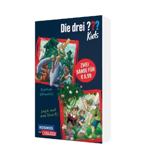 Buchcover und Innenansicht für das Buch: Die drei ??? Kids: Doppelband - Enthält die Bände: Rettet Atlantis! / Jagd auf das Dino-Ei