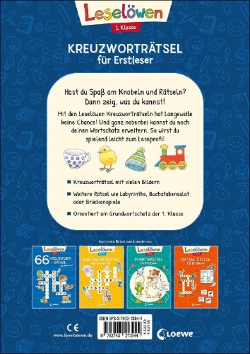 Buchcover und Innenansicht für das Buch: Leselöwen Kreuzworträtsel für Erstleser - 1. Klasse (Marineblau)