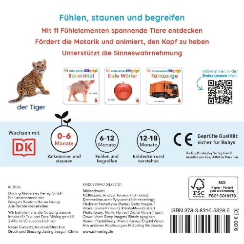 Buchcover und Innenansicht für das Buch: Erstes Lernen Fühl-Leporello. Tiere