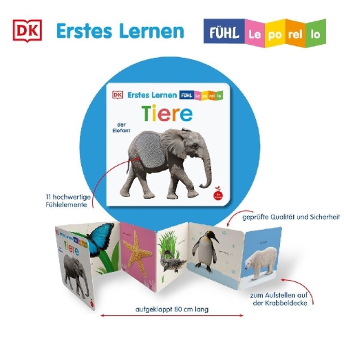 Buchcover und Innenansicht für das Buch: Erstes Lernen Fühl-Leporello. Tiere