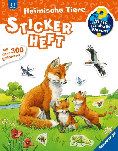 Buchcover und Innenansicht für das Buch: Wieso? Weshalb? Warum? Stickerheft: Heimische Tiere