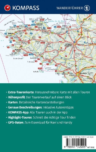 Buchcover und Innenansicht für das Buch: KOMPASS Wanderführer Bretagne, vom Mont-Saint-Michel bis Saint-Nazaire, 55 Touren mit Extra-Tourenkarte