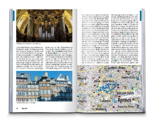 Buchcover und Innenansicht für das Buch: KOMPASS Wanderführer Bretagne, vom Mont-Saint-Michel bis Saint-Nazaire, 55 Touren mit Extra-Tourenkarte