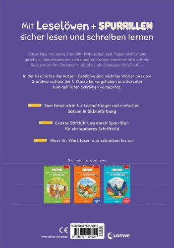 Buchcover und Innenansicht für das Buch: Leselöwen - Lesen und schreiben lernen mit Spurrillen - Die Katzen-Detektive