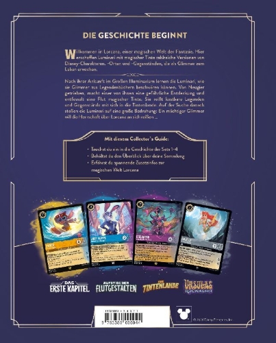 Buchcover und Innenansicht für das Buch: Disney Lorcana Trading Card Game - Der offizielle Collector's Guide: Sets 1-4 - Buch zum Spiel