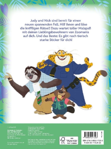 Buchcover und Innenansicht für das Buch: Disney Zoomania 2: Tierischer Mal- und Rätselspaß - Mit Stickern!