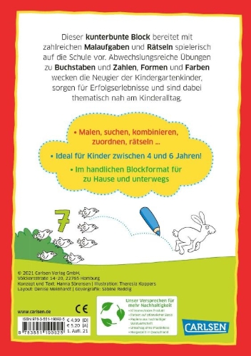Buchcover und Innenansicht für das Buch: Mein bunter Kindergarten-Block: Malspiele und Rätsel