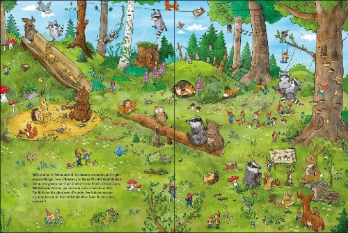 Buchcover und Innenansicht für das Buch: Willkommen im Wimmelwald - Entdecke die Tiere!