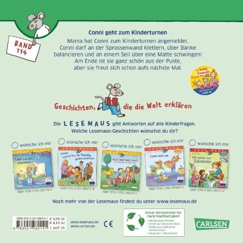 Buchcover und Innenansicht für das Buch: LESEMAUS 114: Conni geht zum Kinderturnen
