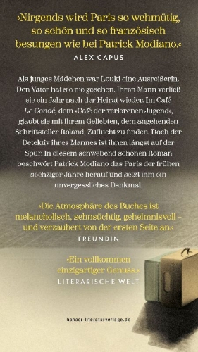 Buchcover und Innenansicht für das Buch: Dans le café de la jeunesse perdue