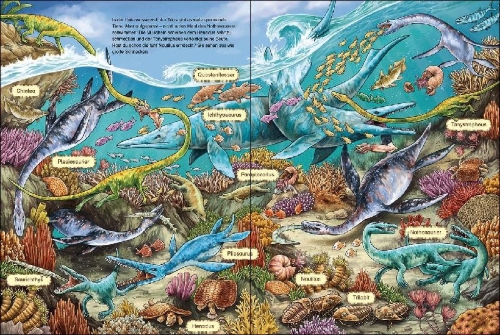 Buchcover und Innenansicht für das Buch: Das große Wimmelbuch der Dinosaurier