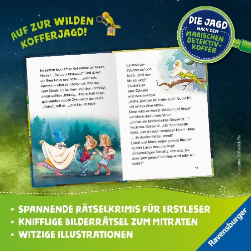 Buchcover und Innenansicht für das Buch: Die Jagd nach dem magischen Detektivkoffer, Band 7 - Das verflixt verfluchte Geisterhaus